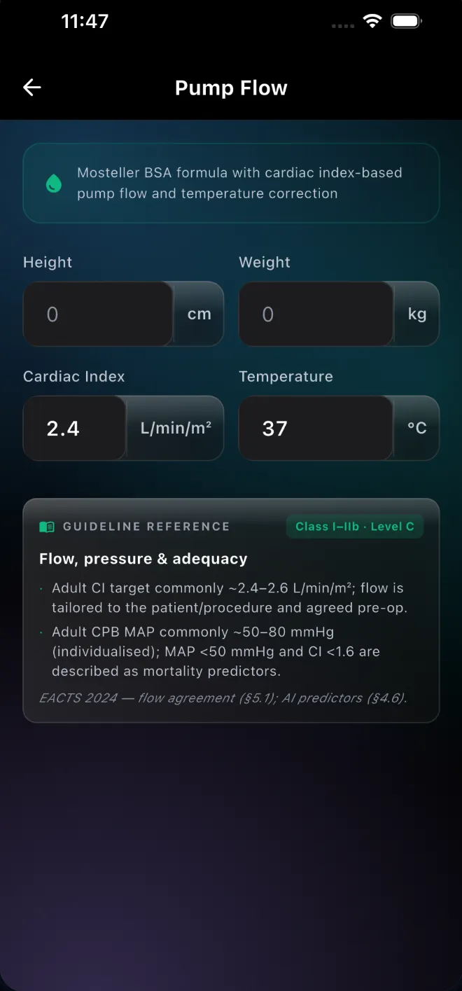 Calculators screen: cited perfusion calculators with equations and unit switching