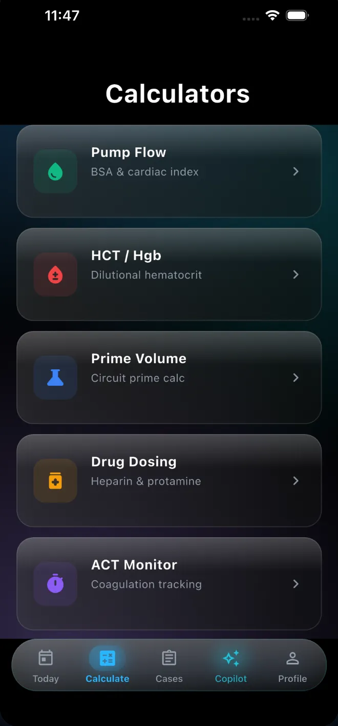 Toolkit screen: pump flow, DO₂i, prime and ACT tools