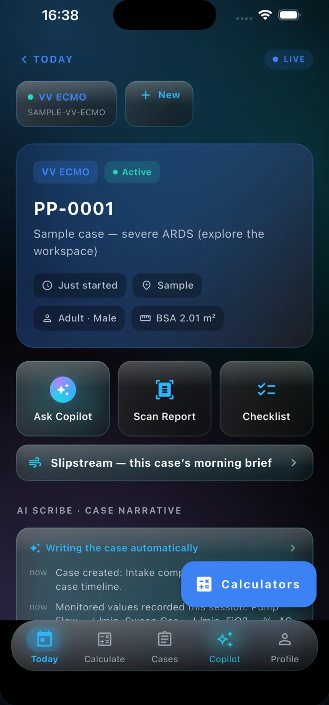 PerfusionPilot OS on iPhone — a sample ECMO case workspace with calculators, checklist and case narrative